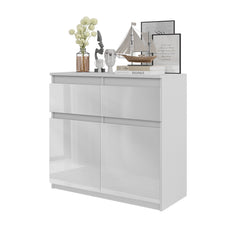 NOAH - Chest of 2 Drawers and 2 Doors - Bedroom Dresser Storage Cabinet Sideboard - White Matt / White Gloss H75cm W80cm D35cm