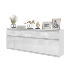 NOAH - Chest of 5 Drawers and 5 Doors - Bedroom Dresser Storage Cabinet Sideboard - White Matt / White Gloss  H75cm W200cm D35cm