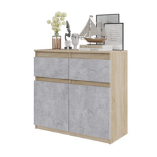 NOAH - Chest of 2 Drawers and 2 Doors - Bedroom Dresser Storage Cabinet Sideboard - Sonoma Oak / Concrete H75cm W80cm D35cm