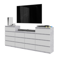 GABRIEL - Chest of 14 Drawers (4+6+4) - Bedroom Dresser Storage Cabinet Sideboard - Concrete / White Matt H92cm W220cm D33cm