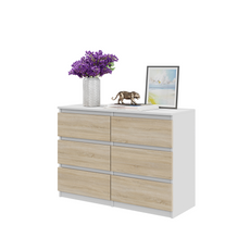 GABRIEL - Chest of 6 Drawers - Bedroom Dresser Storage Cabinet Sideboard - White Matt / Sonoma Oak H71cm W100cm D33cm