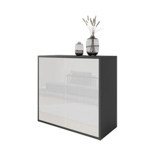 CAMILLE - Push to Open Sideboard with 2 Doors and 2 Drawers - Anthracite / White Gloss H74cm W80cm D36cm