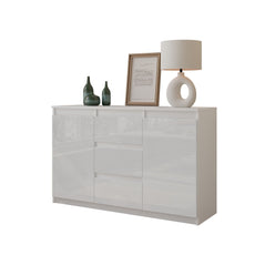 MIKEL - Chest of 3 Drawers and 2 Doors - Bedroom Dresser Storage Cabinet Sideboard - White Matt / White Gloss H75cm W120cm D35cm