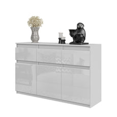 NOAH - Chest of 3 Drawers and 3 Door - Bedroom Dresser Storage Cabinet Sideboard - White Matt / White Gloss H75cm W120cm D35cm