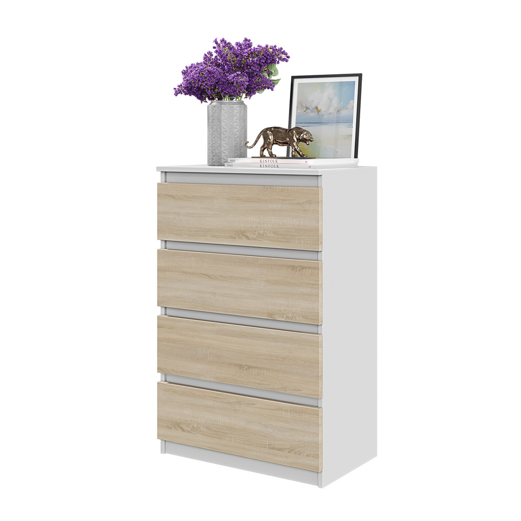 GABRIEL - Chest of 4 Drawers - Bedroom Dresser Storage Cabinet Sideboard - White Matt / Sonoma Oak H92cm W60cm D33cm