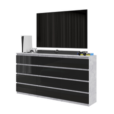 GABRIEL - Chest of 12 Drawers (8+4) - Bedroom Dresser Storage Cabinet Sideboard - Concrete / Black Gloss H92cm W180cm D33cm