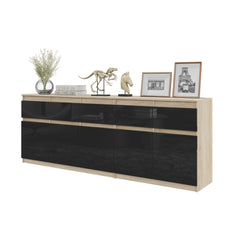NOAH - Chest of 5 Drawers and 5 Doors - Bedroom Dresser Storage Cabinet Sideboard - Sonoma Oak / Black Gloss  H75cm W200cm D35cm