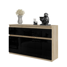 NOAH - Chest of 3 Drawers and 3 Doors - Bedroom Dresser Storage Cabinet Sideboard - Sonoma Oak / Black Gloss H75cm W120cm D35cm