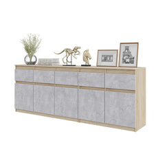 NOAH - Chest of 5 Drawers and 5 Doors - Bedroom Dresser Storage Cabinet Sideboard - Sonoma Oak / Concrete  H75cm W200cm D35cm