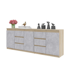 MIKEL - Chest of 6 Drawers and 3 Doors - Bedroom Dresser Storage Cabinet Sideboard - Sonoma Oak / Concrete  H75cm W200cm D35cm