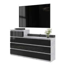 GABRIEL - Chest of 10 Drawers (6+4) - Bedroom Dresser Storage Cabinet Sideboard - Concrete / Black Gloss H92/70cm W160cm D33cm