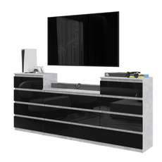 GABRIEL - Chest of 14 Drawers (4+6+4) - Bedroom Dresser Storage Cabinet Sideboard - Concrete / Black Gloss H92cm W220cm D33cm