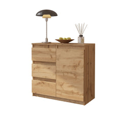 MIKEL - Chest of 3 Drawers and 1 Door - Bedroom Dresser Storage Cabinet Sideboard - Wotan Oak H75cm W80cm D35cm