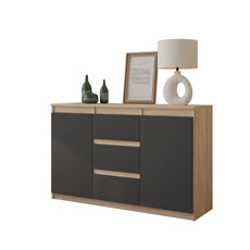 MIKEL - Chest of 3 Drawers and 2 Doors - Bedroom Dresser Storage Cabinet Sideboard - Sonoma Oak / Anthracite H75cm W120cm D35cm