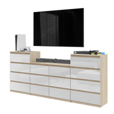 GABRIEL - Chest of 14 Drawers (4+6+4) - Bedroom Dresser Storage Cabinet Sideboard - Sonoma Oak / White Gloss H92cm W220cm D33cm