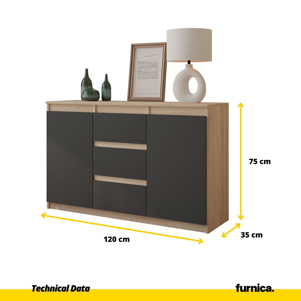 MIKEL - Chest of 3 Drawers and 2 Doors - Bedroom Dresser Storage Cabinet Sideboard - Sonoma Oak / Anthracite H75cm W120cm D35cm