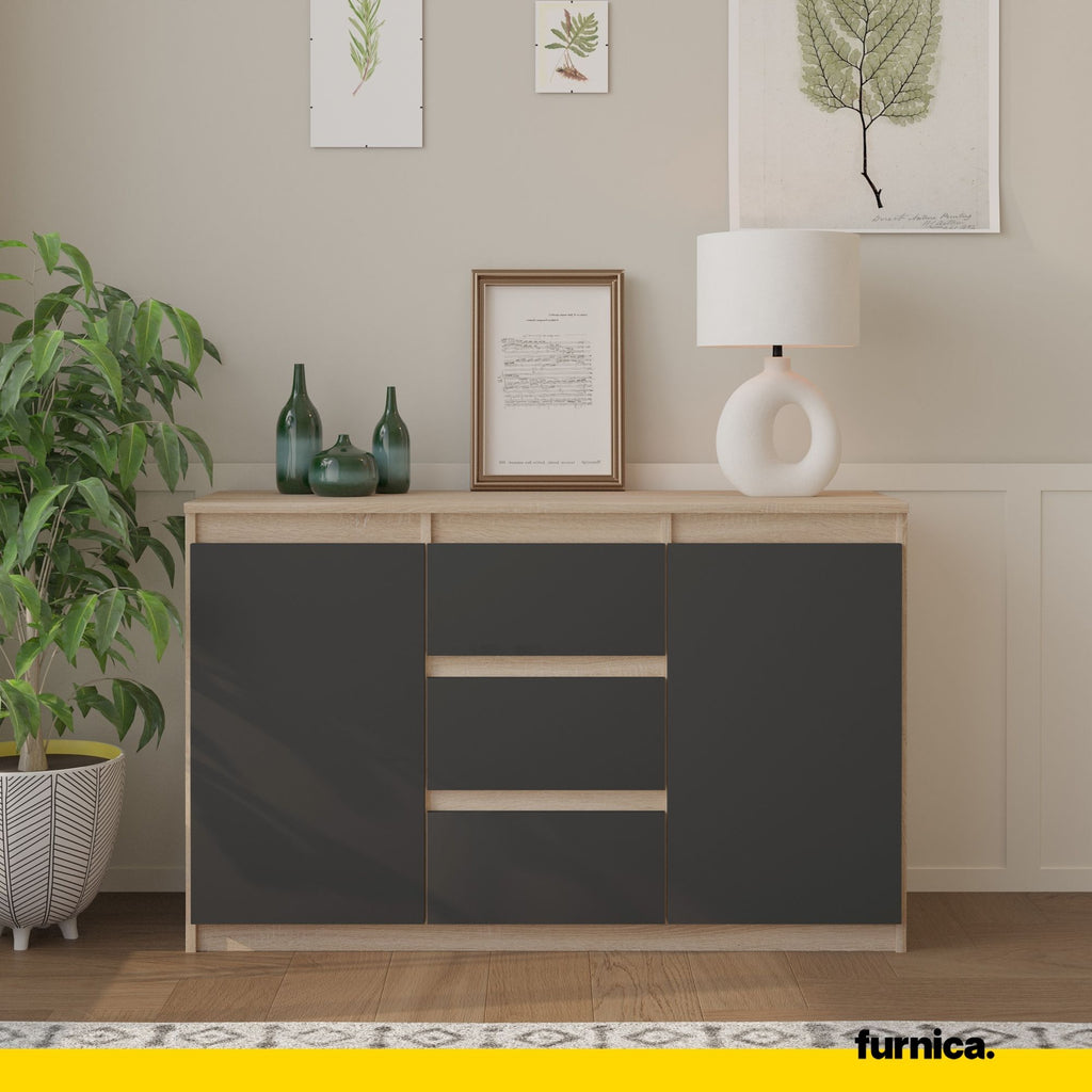 MIKEL - Chest of 3 Drawers and 2 Doors - Bedroom Dresser Storage Cabinet Sideboard - Sonoma Oak / Anthracite H75cm W120cm D35cm