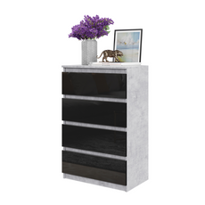 GABRIEL - Chest of 4 Drawers - Bedroom Dresser Storage Cabinet Sideboard - Concrete / Black Gloss H92cm W60cm D33cm