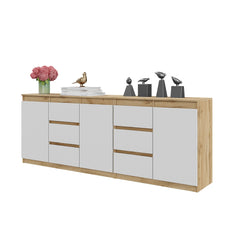 MIKEL - Chest of 6 Drawers and 3 Doors - Bedroom Dresser Storage Cabinet Sideboard - Wotan Oak / White Matt  H75cm W200cm D35cm