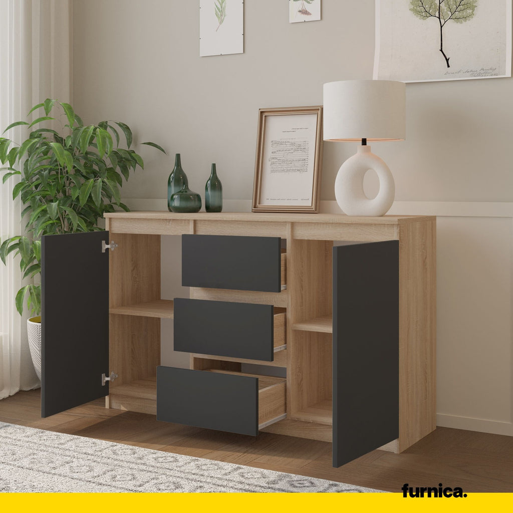 MIKEL - Chest of 3 Drawers and 2 Doors - Bedroom Dresser Storage Cabinet Sideboard - Sonoma Oak / Anthracite H75cm W120cm D35cm