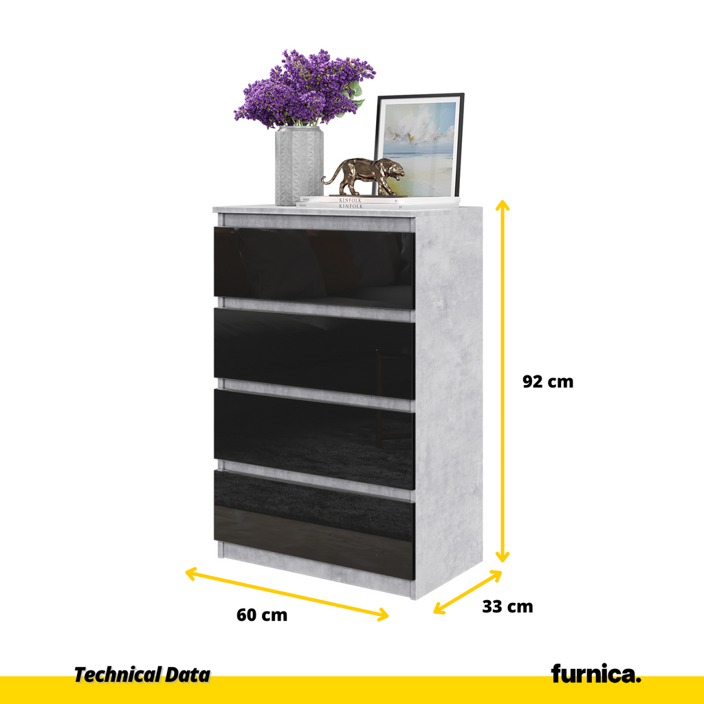 GABRIEL - Chest of 4 Drawers - Bedroom Dresser Storage Cabinet Sideboard - Concrete / Black Gloss H92cm W60cm D33cm