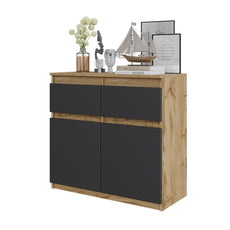 NOAH - Chest of 2 Drawers and 2 Doors - Bedroom Dresser Storage Cabinet Sideboard -  Wotan Oak / Anthracite H75cm W80cm D35cm
