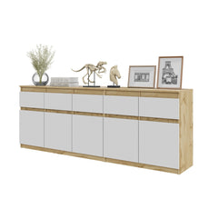 NOAH - Chest of 5 Drawers and 5 Doors - Bedroom Dresser Storage Cabinet Sideboard - Wotan Oak / White Matt  H75cm W200cm D35cm