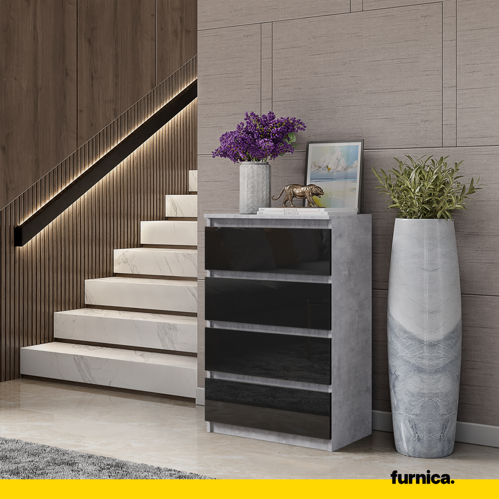 GABRIEL - Chest of 4 Drawers - Bedroom Dresser Storage Cabinet Sideboard - Concrete / Black Gloss H92cm W60cm D33cm