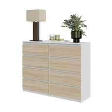 GABRIEL - Chest of 8 Drawers - Bedroom Dresser Storage Cabinet Sideboard - White Matt / Sonoma Oak H92cm W120cm D33cm