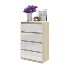 GABRIEL - Chest of 4 Drawers - Bedroom Dresser Storage Cabinet Sideboard - Sonoma Oak / White Gloss H92cm W60cm D33cm