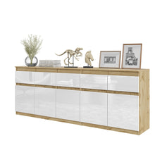 NOAH - Chest of 5 Drawers and 5 Doors - Bedroom Dresser Storage Cabinet Sideboard - Wotan Oak / White Gloss  H75cm W200cm D35cm