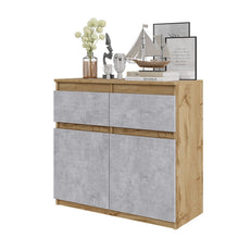 NOAH - Chest of 2 Drawers and 2 Doors - Bedroom Dresser Storage Cabinet Sideboard -  Wotan Oak / Concrete H75cm W80cm D35cm