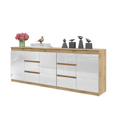 MIKEL - Chest of 6 Drawers and 3 Doors - Bedroom Dresser Storage Cabinet Sideboard - Wotan Oak / White Gloss  H75cm W200cm D35cm