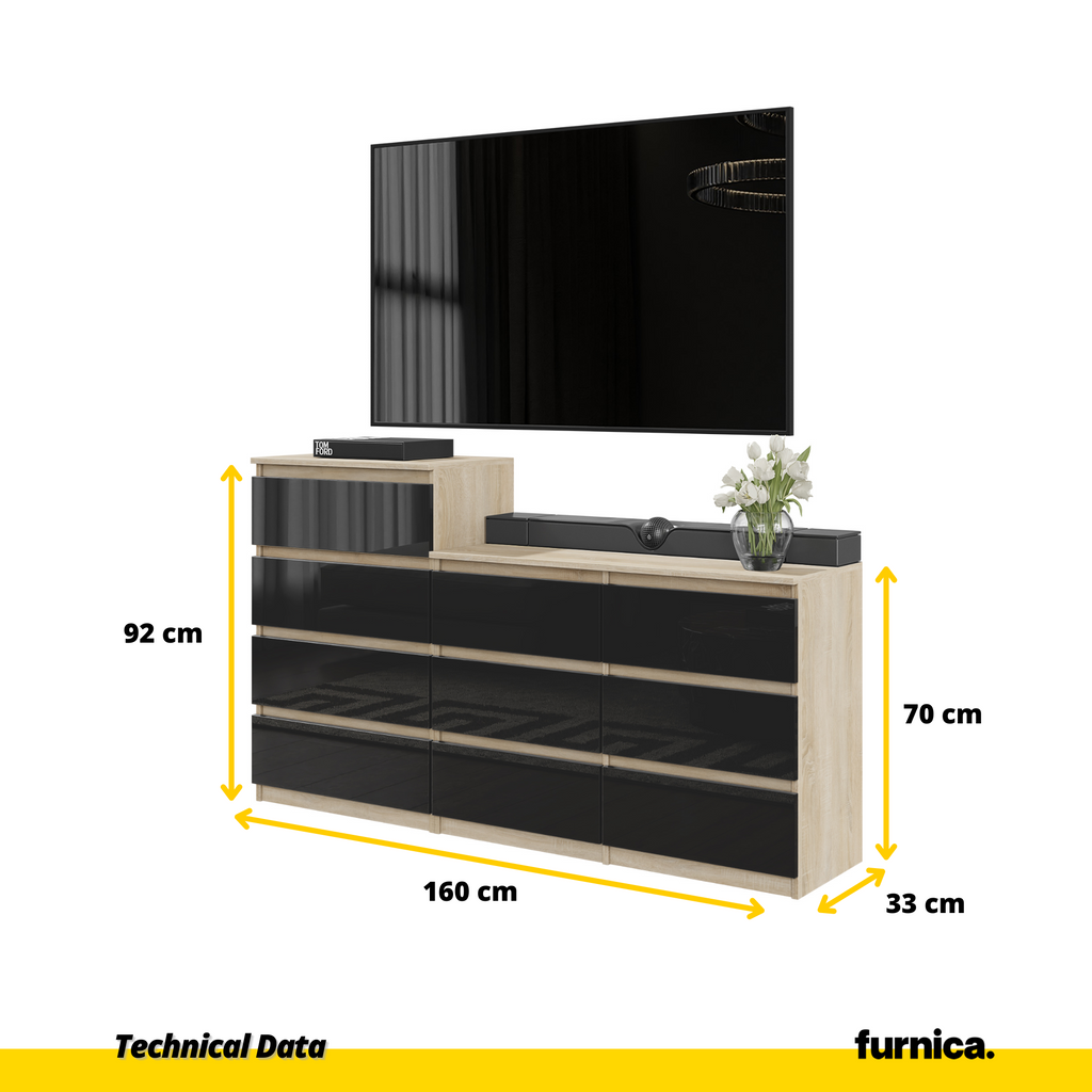 GABRIEL - Chest of 10 Drawers (6+4) - Bedroom Dresser Storage Cabinet Sideboard - Sonoma Oak / Black Gloss H92/70cm W160cm D33cm