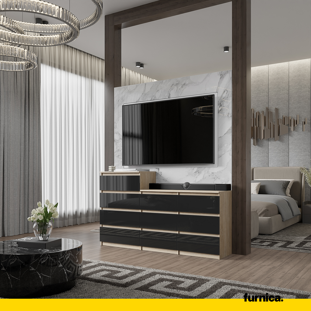 GABRIEL - Chest of 10 Drawers (6+4) - Bedroom Dresser Storage Cabinet Sideboard - Sonoma Oak / Black Gloss H92/70cm W160cm D33cm