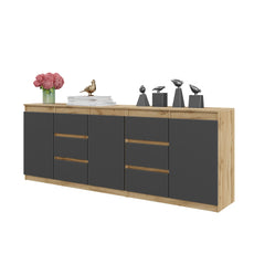 MIKEL - Chest of 6 Drawers and 3 Doors - Bedroom Dresser Storage Cabinet Sideboard - Wotan Oak / Anthracite  H75cm W200cm D35cm
