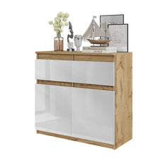 NOAH - Chest of 2 Drawers and 2 Doors - Bedroom Dresser Storage Cabinet Sideboard -  Wotan Oak / White Gloss H75cm W80cm D35cm