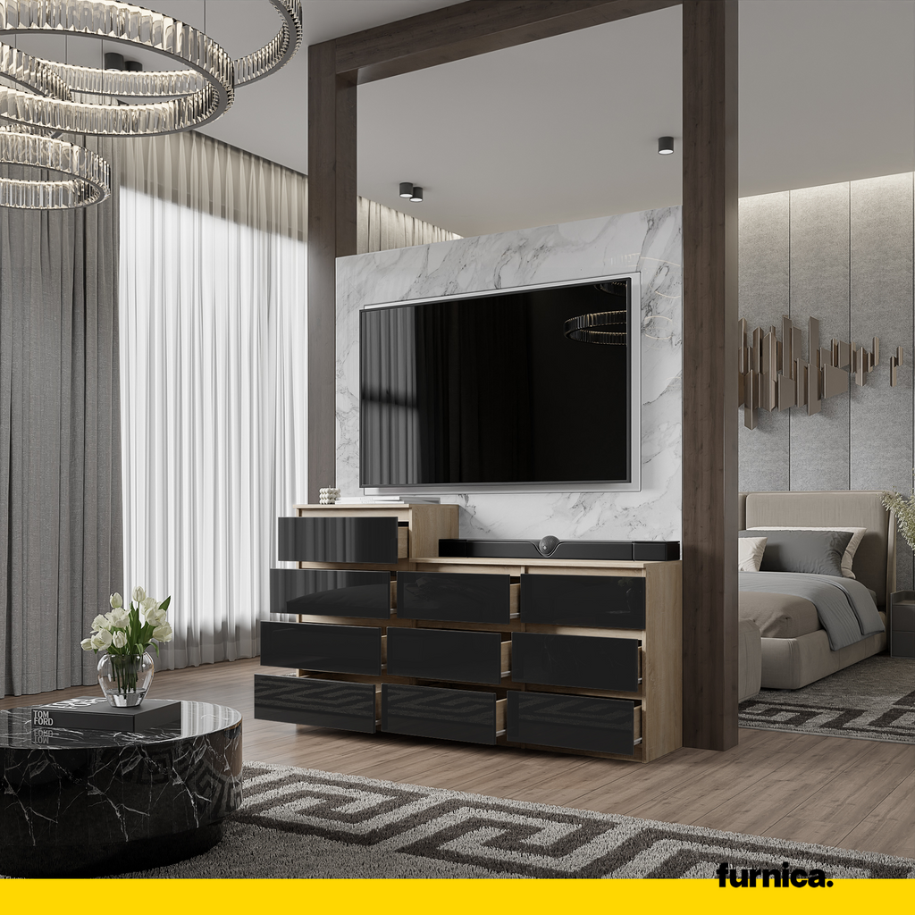 GABRIEL - Chest of 10 Drawers (6+4) - Bedroom Dresser Storage Cabinet Sideboard - Sonoma Oak / Black Gloss H92/70cm W160cm D33cm