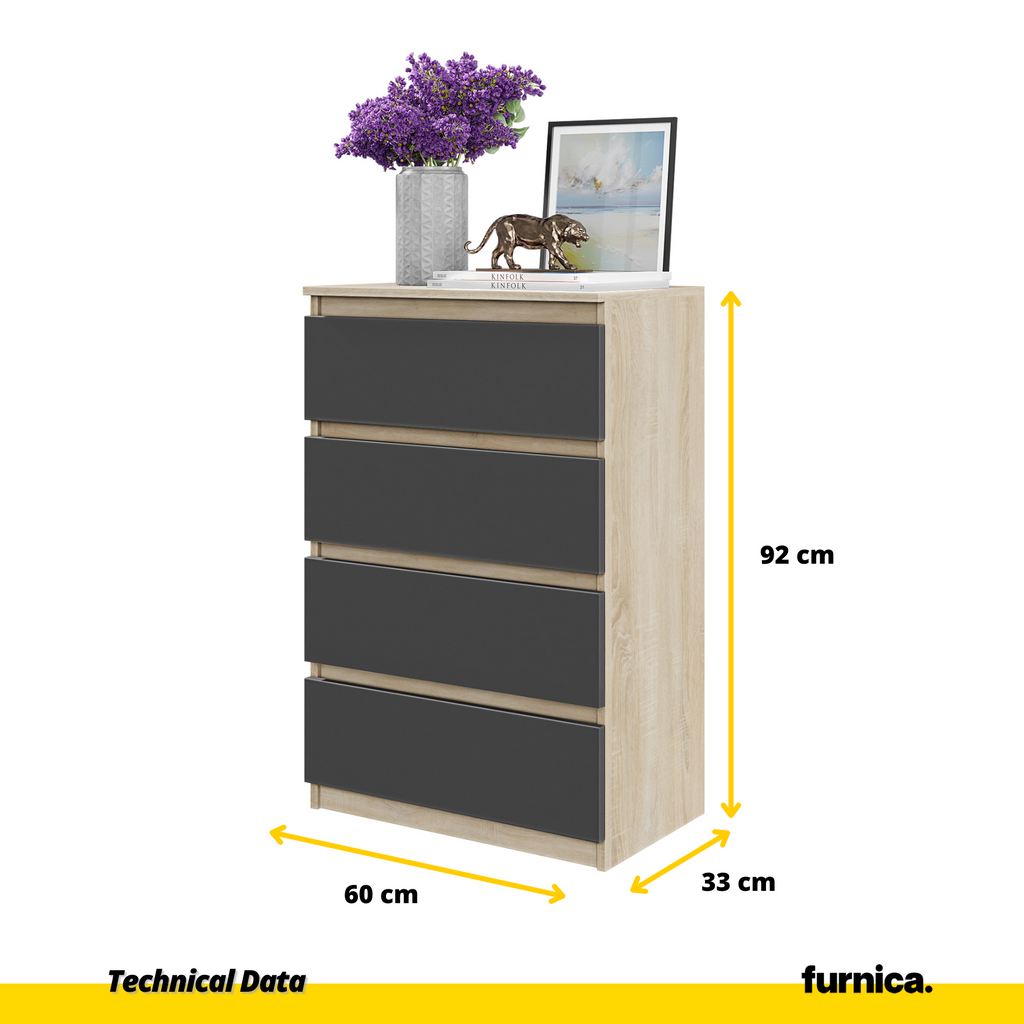 GABRIEL - Chest of 4 Drawers - Bedroom Dresser Storage Cabinet Sideboard - Sonoma Oak / Anthracite H92cm W60cm D33cm