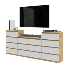 GABRIEL - Chest of 14 Drawers (4+6+4) - Bedroom Dresser Storage Cabinet Sideboard - Wotan Oak / White Matt H92cm W220cm D33cm