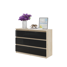 GABRIEL - Chest of 6 Drawers - Bedroom Dresser Storage Cabinet Sideboard - Sonoma Oak / Black Gloss H71cm W100cm D33cm