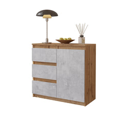 MIKEL - Chest of 3 Drawers and 1 Door - Bedroom Dresser Storage Cabinet Sideboard - Wotan Oak / Concrete H75cm W80cm D35cm