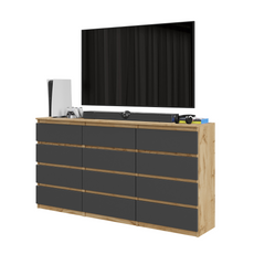 GABRIEL - Chest of 12 Drawers (8+4) - Bedroom Dresser Storage Cabinet Sideboard - Wotan Oak / Anthracite H92cm W180cm D33cm