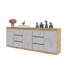 MIKEL - Chest of 6 Drawers and 3 Doors - Bedroom Dresser Storage Cabinet Sideboard - Wotan Oak / Concrete  H75cm W200cm D35cm
