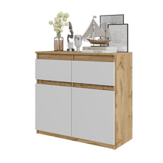 NOAH - Chest of 2 Drawers and 2 Doors - Bedroom Dresser Storage Cabinet Sideboard -  Wotan Oak / White Matt H75cm W80cm D35cm
