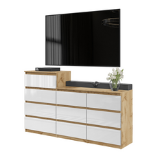 GABRIEL - Chest of 10 Drawers (6+4) - Bedroom Dresser Storage Cabinet Sideboard - Wotan Oak / White Gloss H92/70cm W160cm D33cm
