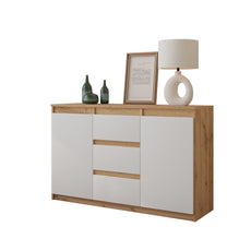 MIKEL - Chest of 3 Drawers and 2 Doors - Bedroom Dresser Storage Cabinet Sideboard - Wotan Oak / White Matt H75cm W120cm D35cm