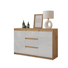 MIKEL - Chest of 3 Drawers and 2 Doors - Bedroom Dresser Storage Cabinet Sideboard - Wotan Oak / White Gloss H75cm W120cm D35cm