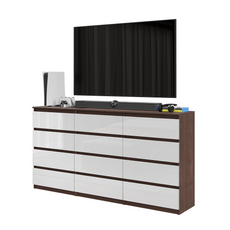 GABRIEL - Chest of 12 Drawers (8+4) - Bedroom Dresser Storage Cabinet Sideboard - Wenge / White Gloss H92cm W180cm D33cm