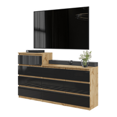 GABRIEL - Chest of 10 Drawers (6+4) - Bedroom Dresser Storage Cabinet Sideboard - Wotan Oak / Black Gloss H92/70cm W160cm D33cm